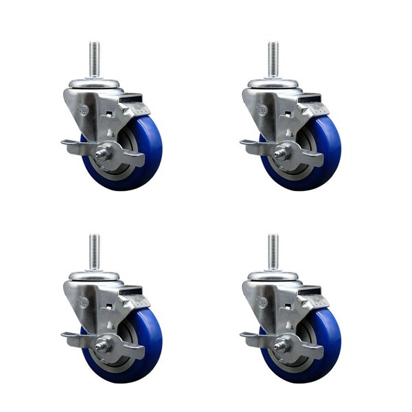 Service Caster 35 Inch Blue Polyurethane Wheel Swivel 58 Inch Threaded Stem Caster Set with Brake SCC SCC-TS20S3514-PPUB-BLUE-TLB-58212-4 - main